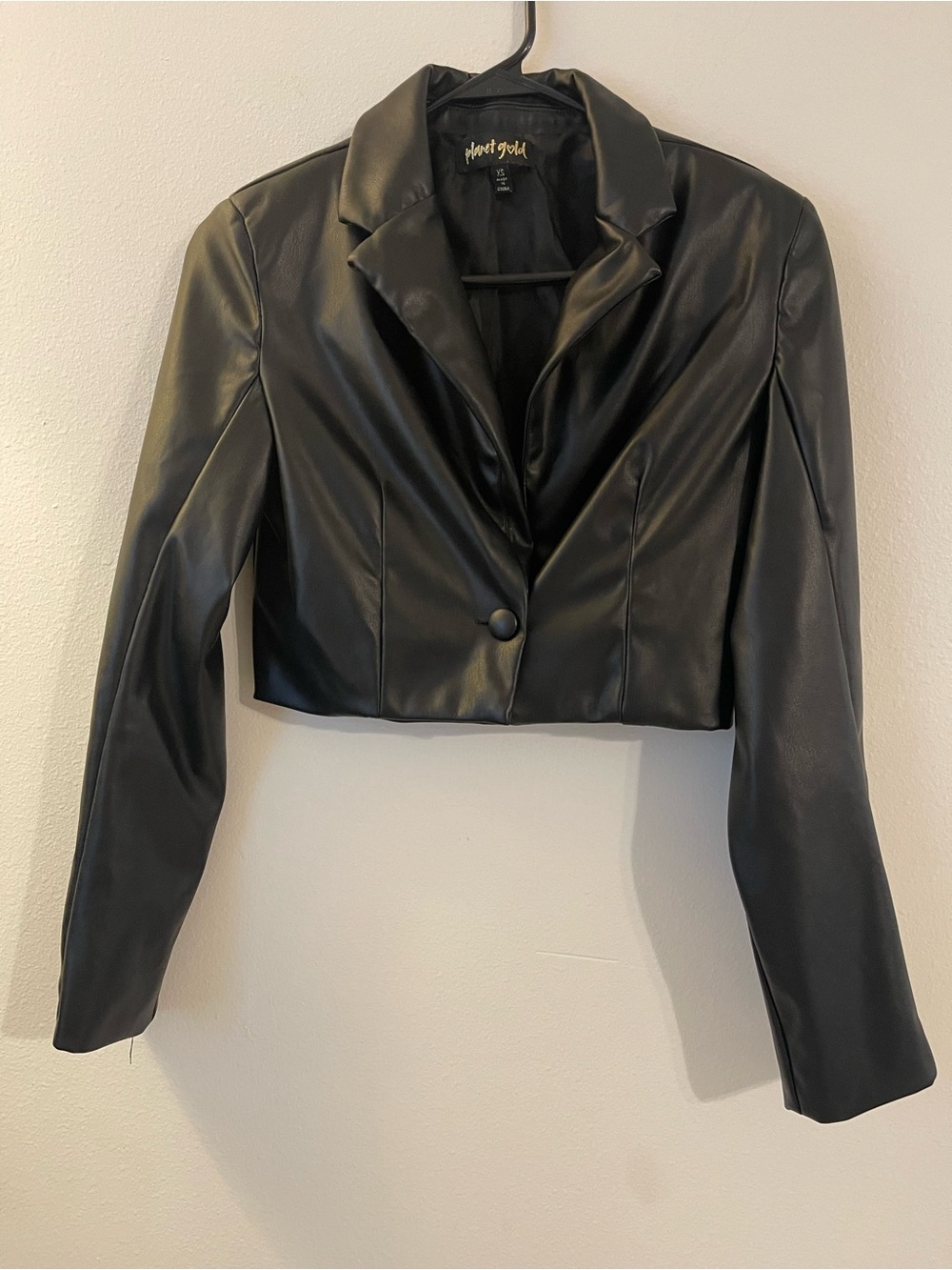Planet Gold Black Cropped Faux Leather Blazer Jacket